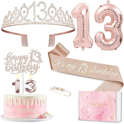 13 Geburtstag Mädchen Deko, 13. Geburtstagskrone und Schärpe, Tortendeko Geburtstag und Kerzen, Roségold Folienballon 13, 13. Geschenk für Mädchen zum Geburtstag Party Deko Supplies von MURISE