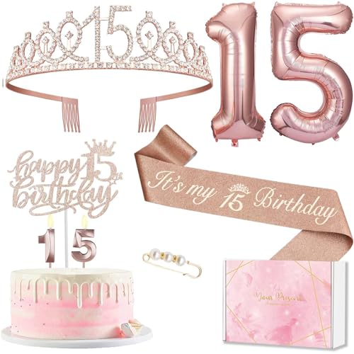 15 Geburtstag Mädchen Deko, 15. Geburtstagskrone und Schärpe, Tortendeko Geburtstag und Kerzen, Roségold Folienballon 15, 15. Geschenk für Mädchen zum Geburtstag Party Deko Supplies von MURISE