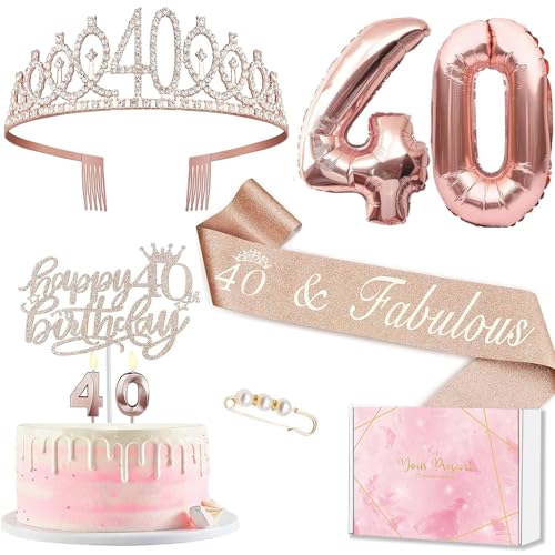 40. Geburtstag Frauen Deko, 40. Geburtstagskrone und Schärpe, Tortendeko Geburtstag und Kerzen, Roségold Folienballon 40, 40. Geschenk für Frauen zum Geburtstag Party Deko Supplies von MURISE