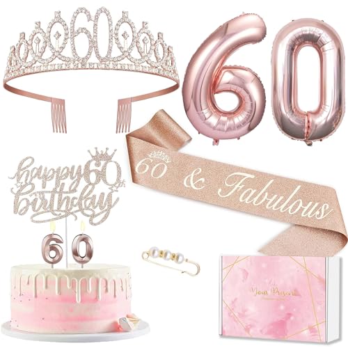 Deko 60 Geburtstag Frau, 60. Geburtstagskrone und Schärpe, Tortendeko Geburtstag und Kerzen, Roségold Folienballon 60, 60. Geschenk für Frauen zum Geburtstag Party Deko Supplies von MURISE