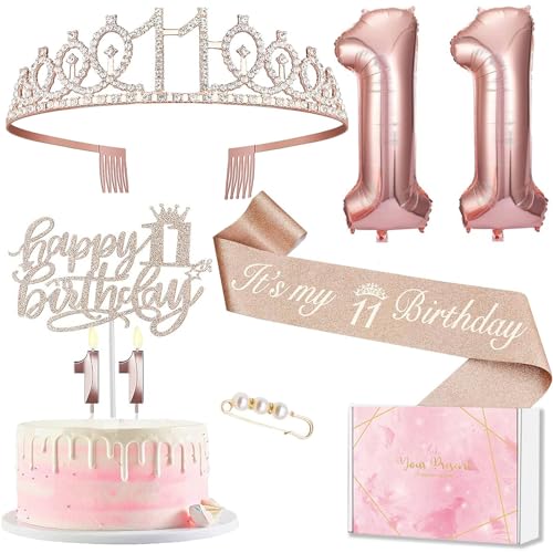 Deko 11 Geburtstag Mädchen, 11. Geburtstagskrone und Schärpe, Tortendeko Geburtstag und Kerzen, Roségold Folienballon 11, 11. Geschenk für Mädchen zum Geburtstag Party Deko Supplies von MURISE