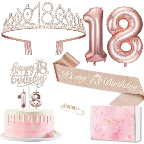 Deko 18. Geburtstag Mädchen, 18. Geburtstagskrone und Schärpe, Tortendeko Geburtstag und Kerzen, Roségold Folienballon 18, 18. Geschenk für Mädchen zum Geburtstag Party Deko Supplies von MURISE