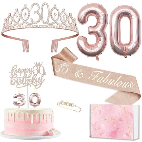 Deko 30 Geburtstag Frau, 30. Geburtstagskrone und Schärpe, Tortendeko Geburtstag und Kerzen, Roségold Folienballon 30, 30. Geschenk für Frauen zum Geburtstag Party Deko Supplies von MURISE