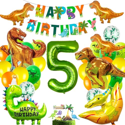 XXL Dinosaurier Geburtstag Deko Set, Geburtstagsdeko 5 Jahr Jungen,Happy Birthday Girlande Luftballons Grün für Dinosaurier Party Dekoration Dschungel Party Kinder von MUSELK