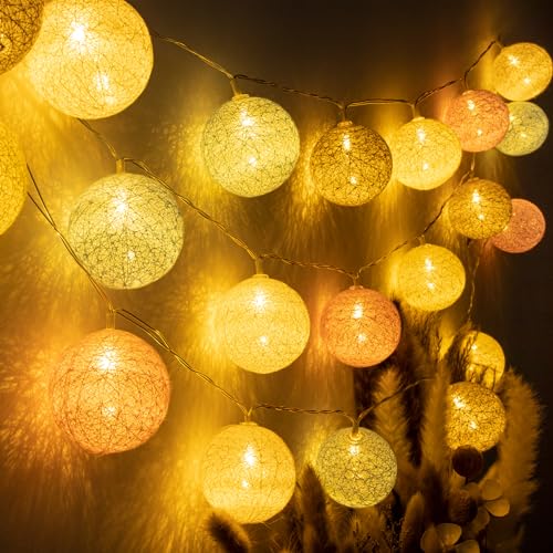 LED Lichterkette Baumwollkugeln，3,35m 20er Ø60 mm Cotton Ball Lichterketten Kugeln batterie，Immer an + Timer funktion，Nachtlicht für Weihnachten，lichterkette kinderzimmer Deko（Warmweißes Licht） von MUSUNIA