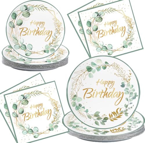 Eucalyptus Happy Birthday Party Geschirr-Set Grünes Blatt Babyparty Party Geschirr Supplies Enthält Geburtstagsthema Teller und Servietten für 10 Gäste von MUUBEI