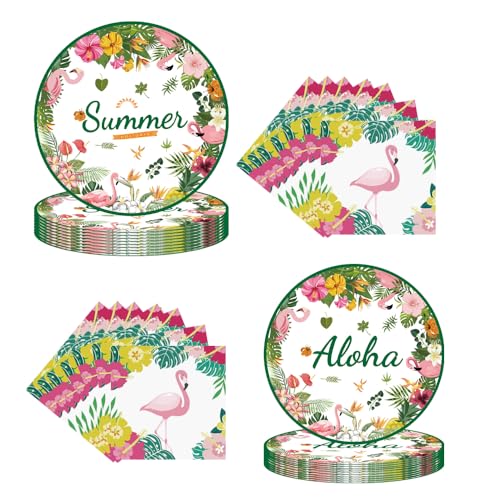 MUUBEI 40-teiliges Sommer-Aloha-Party-Dekorationsset, Hawaii-Palmenblätter, Blumen, Flamingo-Teller und Servietten für tropische Hawaii-Party-Dekoration, Sommer-Party-Geschirr-Set von MUUBEI