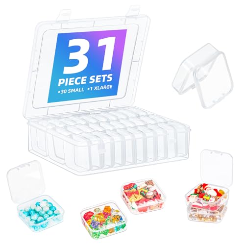 MUUKAIII Kleine Aufbewahrungsboxen (5,5x5,5x2cm), 30 Stück Mini Transparent Aufbewahrungsbox Behälter und 1 Groß Aufbewahrungsbox für Pillen, Schmuck, Zubehör, Nähwerkzeugen, Bastelartikel, Kleinteile von MUUKAIII