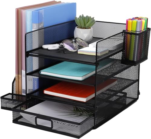 MUUKAIII Mesh Design Schreibtischablage für A4 Dokument,3Ebenen Dokumentenablagen,1Kleinteile-Organizer und 1 Stiftehalter,Schreibtisch Netz Ablagefächer Organizer mit für Büro bedarf Dokumentenablage von MUUKAIII