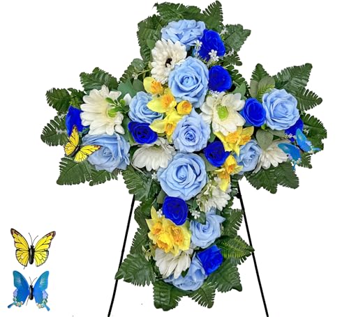 MUVIC Friedhofs-Blumenkränze für Grabdekorationen, Gedenkblumenkreuz mit Staffelei, blaue Rose, Gerbera, Narzisse, 71,1 cm von MUVIC