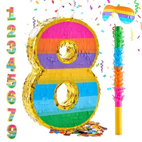 MUWOOB Regenbogen-Piñata mit Zahl 8 für Party-Dekorationen zum 8. Geburtstag, Fiesta, Kinderjubiläum, Geburtstags-Piñata mit Stab, Augenbinde und Konfetti (klein, 41,5 x 29,8 x 7,6 cm) von MUWOOB