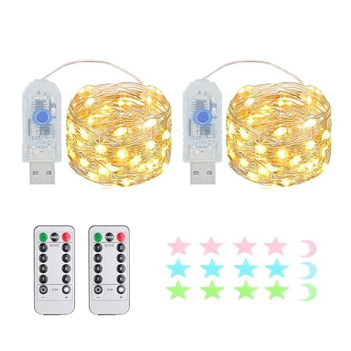 2 Stück LED Lichterkette, 50LED 5M / 17Ft 8 Modi USB lichterkette außen/innen Wasserdichte mit Fernbedienung für Schlafzimmer, Hof, Hochzeit, Weihnachten, DIY etc (Warmweiß) von MUXIJIA