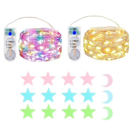 MUXIJIA 2x2M 20 LED Mini Lichterkette Innen Außen mit Timer Batterie für Party Hochzeit Weihnachten Beleuchtung Deko, mit Sterne Fluoreszierende Wandsticker von MUXIJIA