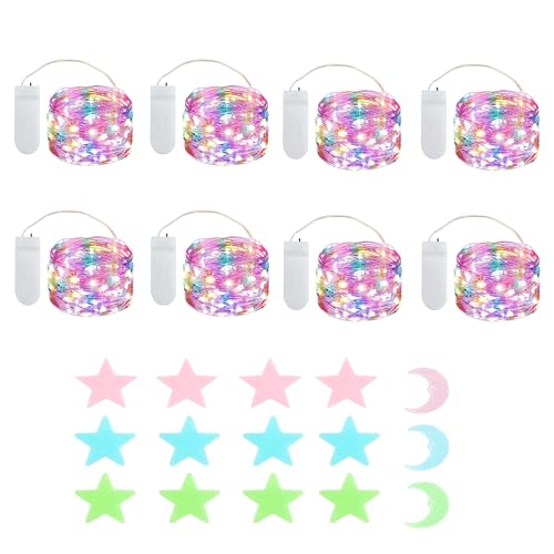 MUXIJIA 8x20er LED Mini Lichterkette Innen Außen mit Batterie für Party Hochzeit Weihnachten Beleuchtung Deko Geschenk, mit Sterne Fluoreszierende Wandsticker(2.1 metre/6.89 Ft Mehrfarbig) von MUXIJIA