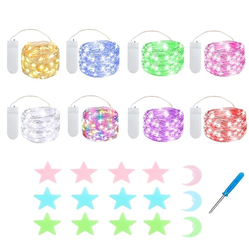 MUXIJIA 8x20er Mini Lichterkette Innen Außen Batterie mit Sterne Mond Fluoreszierende Wandsticker für Party Garten Hochzeit Weihnachten Beleuchtung Deko (2.1 metre/6.89 Ft 8 Farben) von MUXIJIA