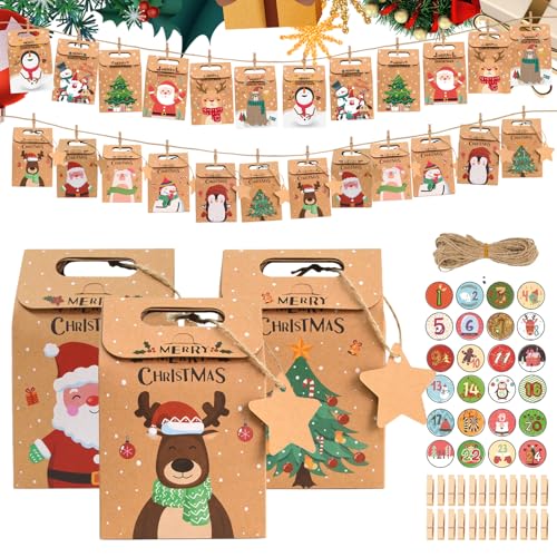 Adventskalender Tüten zum Befüllen, 24 Papiertüten Adventskalender zum Befüllen kinder, Tüten Adventskalender zum Selber Befüllen, Weihnachtskalender zum Befüllen von MUXIWOM