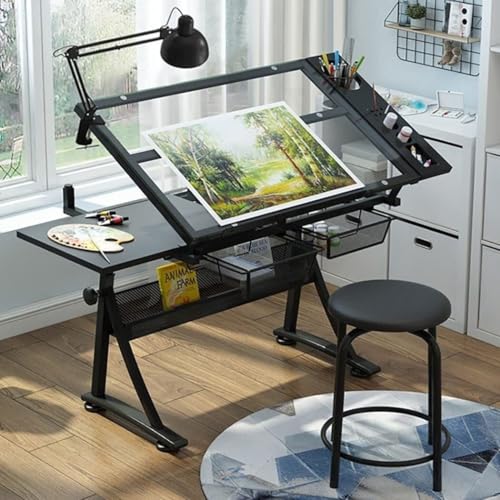 MVXBICIA Drafting Tables Künstler-Zeichentisch mit Hocker, höhenverstellbar, Tischplatte aus gehärtetem Glas, 2 Schubladen, neigbarer Zugschreibtisch zum Lesen, Zeichnen, Schreiben, Arbeitsplatz für von MVXBICIA