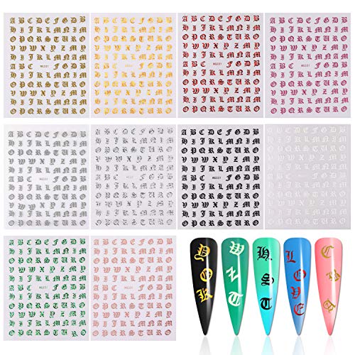 10 Blatt Buchstaben Nagel Kunst Aufkleber, Mwoot Holographic Letter Nail Art Sticker, Nagelfolie Kunst Sticker Nail Tip Maniküre Decals für Frauen Party Favors von MWOOT