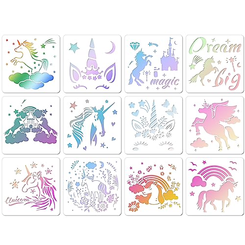 MWOOT 12 Stück Schablonen Einhorn, Unicorn Zeichnung Malschablonen Set, Wiederverwendbar DIY Schablonen für Scrapbooking Karten Boden Wand Fliesen Leinwand Möbel Dekor (20X20cm) von MWOOT