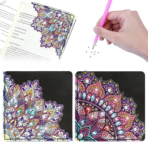 MWOOT 2 Stück 5D Diamond Art Painting Corner Lesezeichen, Mandala Blumen DIY Diamant Malerei Leder Bookmark Set, Kreatives Kunstzeichnung Lesezeichen Basteln Mitgebsel für Freunds Mädchen Women Adult von MWOOT