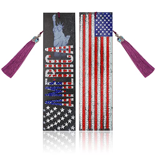 MWOOT 2 Stücke Diamant Malerei Lesezeichen, 5D American Flag Diamond Pasted Painting Bookmarks, Freiheitsstatue Leder Quaste Lesezeichen Set, DIY Malen Nach Zahlen Kit für July Fourth Gift von MWOOT