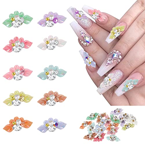 MWOOT 20 Stück Blumen Nailart Anhänger Nail Charms, 3D DIY Nageldekorationen für Acrylnägel mit Kristallperlen Design, Nagelstrasssteine Anhänger für Frauen, Mädchen, Maniküre Zubehör (10 Farben) von MWOOT