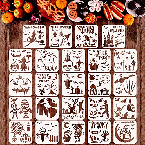 MWOOT 24 Stück Halloween Thema Schablonen Stencils Set, Wiederverwendbares Malerei Vorlage Bemalen Zubehör, DIY Geist Kürbis Schablone zum Malen an der Wand Scrapbooking Party Dekoration(15x15cm) von MWOOT