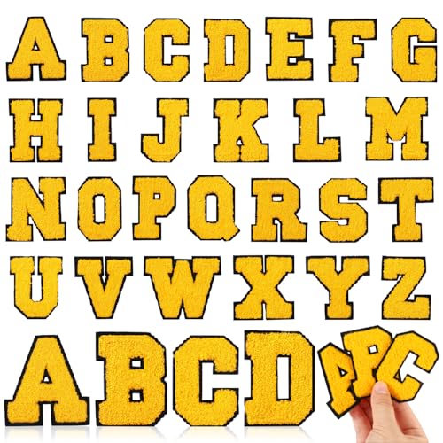 MWOOT 26 Stück Aufbügelbare Buchstaben A-Z Aufnäher, Gestickte Applikationen DIY Alphabet Aufnäher für Kleidung, Röcke, Hüte, Taschen, Jeans (Gelb) von MWOOT