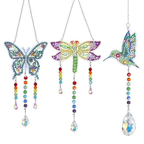 MWOOT 3 Pcs Kristall Sonnenfänger Set, Diamant Kunst Malerei Windspiele für Draußen, Diamond Art Painting Wind Chimes, Kolibri Schmetterling Libelle Hanging Ornament für Fenster Garden Haus Dekoration von MWOOT