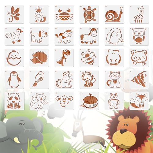 MWOOT 30 Stück Tiermalerei Schablone Niedlich Tier Schablonen,Animal Painting Stencils,Wiederverwendbare Schablonen Zum Malen an Wand,Zeichnung Vorlage für Scrapbooking Leinwand Handwerk(13x13cm) von MWOOT