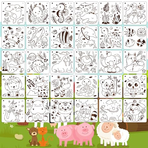 MWOOT 30 Stücke Tiermalerei Schablone Niedlich Tiere Cute Stencils,Malschablonen Zeichnung Vorlage,Wiederverwendbare Kunststoff Tiere Schablonen Zum Malen für Scrapbooking Handwerk(12.5 x 12.5cm) von MWOOT