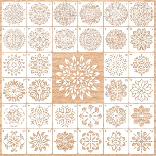 MWOOT 32 Stück Mandala Schablone, Wiederverwendbare DIY Malerei Vorlage Stencil Kits, Mandala Stencils Schablone Malen für Felsenstein Malerei Leinwand Möbel Handwerk (12x12 CM) von MWOOT