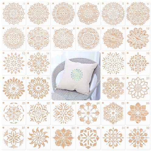 MWOOT 32 Stück Mandala Schablone, Wiederverwendbare DIY Malerei Vorlage Stencil Kits, Mandala Stencils Schablone Malen für Felsenstein Malerei Leinwand Möbel Handwerk (12x12 CM) von MWOOT