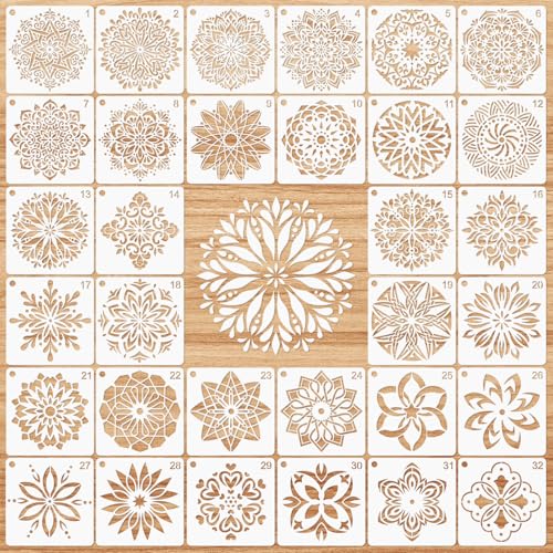 MWOOT 32 Stück Mandala Schablone, Wiederverwendbare Malerei Vorlage Stencil Kits,Blumenschablonen, DIY Mandala Stencils Schablone Malen für Felsenstein Malerei Leinwand Möbel Handwerk (12x12 CM) von MWOOT