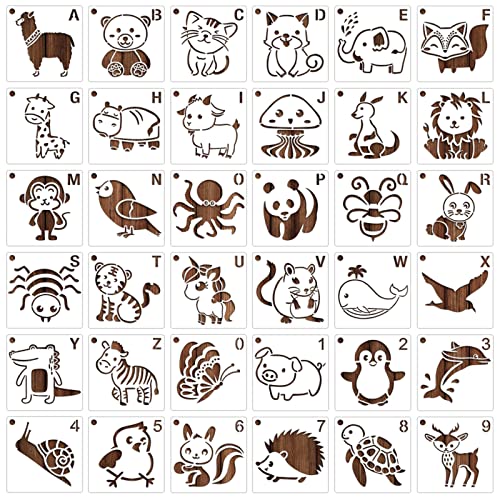 MWOOT 36 Stück Niedliches Tier Schablonen Stencils Set, Wiederverwendbares Malerei Vorlage Bemalen für Kinder, DIY Animal Schablone zum Malen an Wand, Geschenkkarte, Kleidung, Baby-Dusche(10.2x10.2cm) von MWOOT