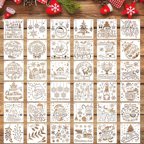 MWOOT 36 Stücke Christmas Schablonen Malen,Wiederverwendbare Xmas Themed Painting Stencils für Malerei an der Wand,Schablonen Malen für Fenster Malerei Handwerk Christmas Dekoration(13x13CM) von MWOOT