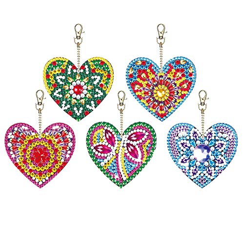 MWOOT 5 Stück 5D DIY Liebe Herz Diamant Malerei Schlüsselbund, Doppelseitig Heart Diamond Art Painting Key Chain Paint by Numbers, Strass Schlüsselring für Souvenir Geschenke Rucksack Dekoration von MWOOT