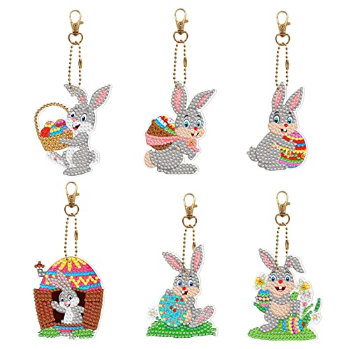 MWOOT 6 Stück 5D Diamond Art Painting Anhänger Set Ostern Diamond Art Painting Kinder Mädchen Hase Ostereier DIY Keychains Doppelseitig Diamond Art Painting Schlüsselanhänger für Handtasche Dekoration von MWOOT