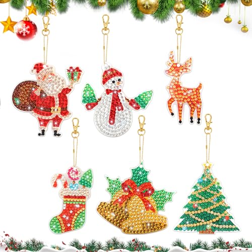 MWOOT 6 Stück 5D Weihnachten Diamond Art Painting Schlüsselanhänger, Doppelseitig Diamant Malerei Keychain Malen nach Zahlen, Rhinestone Painting Keyring Anhänger für Anfänger Christmas Geschenk von MWOOT