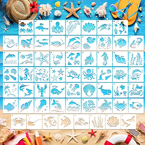 MWOOT 60 Stück Meer Thema Schablonen Stencils Kit, Wiederverwendbares Malerei Vorlage Bemalen Zubehör, DIY Ozean Kreaturen Schablone zum Malen an der Wand Scrapbooking Home Dekoration(7.6x7.6cm) von MWOOT