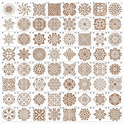 MWOOT 64 Stück Mandala Geometric Painting Stencils Schablone,Wiederverwendbare DIY Malerei Vorlage Stencil Kit für Anfänger,Blume Geometrisch Schablonen Malen für Leinwand Möbel Handwerk (9x9 CM) von MWOOT