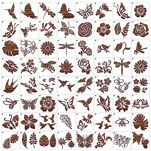 MWOOT 64 Stück Mix Blume Malerei Schablonen Painting Stencils Kit,Wiederverwendbare Flower Schmetterling Zeichnung,DIY Drawing Template für Scrapbooking Leinwand Handwerk Dekoration(7.62x7.62cm) von MWOOT