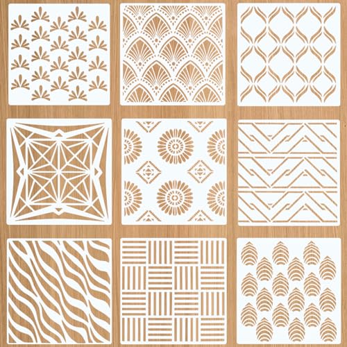 MWOOT 9 Stück Geometrische Schablonen Wandgestaltung, Zeichnung Malschablonen Set, Wiederverwendbar Linie Schablonen für DIY Scrapbooking Boden Wand Fliesen Leinwand Möbel Dekor (20x20CM) von MWOOT