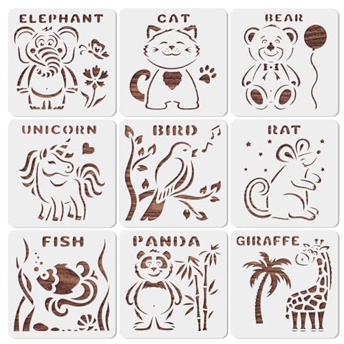 MWOOT 9 Stück Tiermalerei Schablone Niedlich Tier Schablonen,Animal Painting Stencils,Wiederverwendbare Mal-Schablonen Zum an Wand,Zeichnung Vorlage für Scrapbooking Leinwand Handwerk(13x13cm) von MWOOT