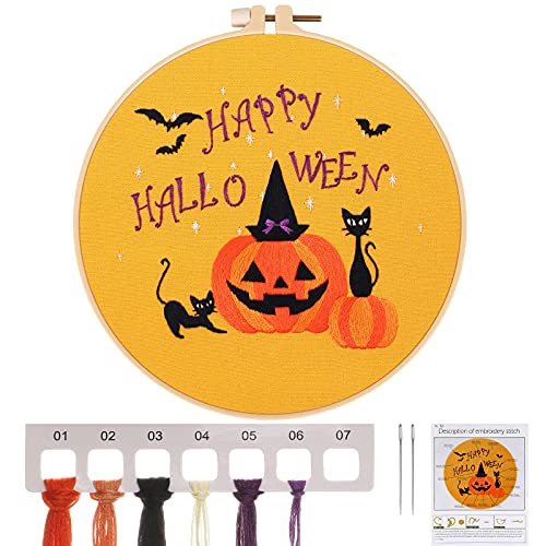 MWOOT DIY Handgemachte Kreuzstich Set Mit Stickrahmen,Halloween Stickerei Starter Kit,Embroidery Cross Stitch Kit für Erwachsene Anfänger, Halloween Kürbis Embroidery von MWOOT