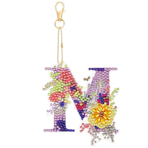 MWOOT Diamond Art Painting Anhänger Buchstabe, 5D DIY Diamond Malerei Kunst Schlüsselanhänger Blumen, Doppelseitige Strass Mosaik Diamant Handwerk für Rucksack Handtaschen Deko(M) von MWOOT