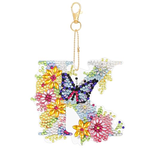 MWOOT Diamond Art Painting Anhänger Buchstabe, 5D DIY Diamond Malerei Kunst Schlüsselanhänger Schmetterling Blumen, Doppelseitige Strass Mosaik Diamant Handwerk für Rucksack Handtaschen Deko(K) von MWOOT