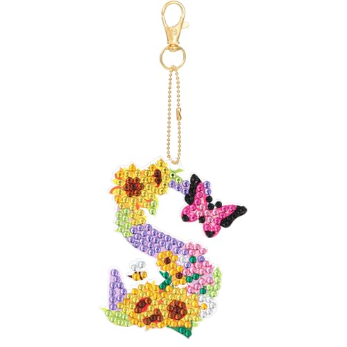 MWOOT Diamond Art Painting Anhänger Buchstabe, 5D DIY Diamond Malerei Kunst Schlüsselanhänger Schmetterling Sonnenblume, Doppelseitige Strass Mosaik Diamant Handwerk für Rucksack Handtaschen Deko(S) von MWOOT