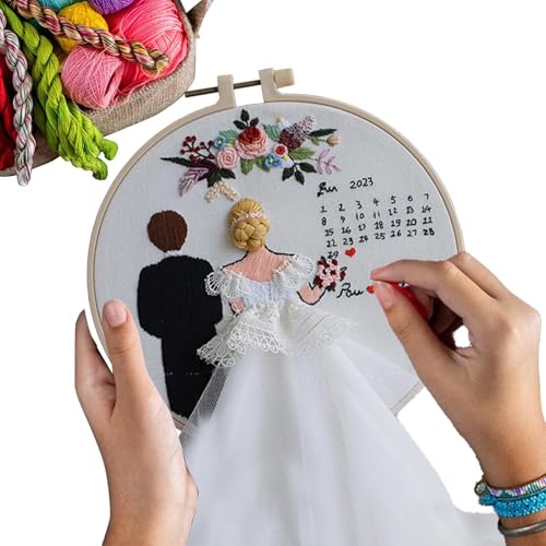 MWZBTG Hochzeitsstickerei, Anfänger Stickerei Kits Hochzeit | Liebhaber Punch Nadel Set - Anfänger Hochzeit Brautdekor Stickerei Kit mit Reifen und Farbfäden für Erwachsene Liebhaber von MWZBTG