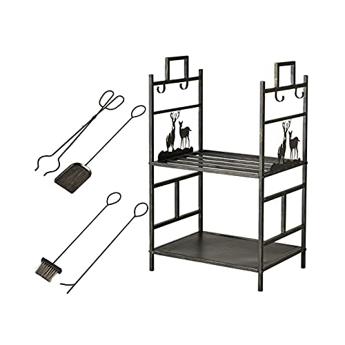 Holzregal Elch-Schmiedeeisen, großer Holzbehälter, Kamin-Werkzeug-Set, Zange, Zubehör, Innen- und Außenbereich, Holzständer, hoher Brennholzständer mit 4 Werkzeugen, Bronze/Schwarz Lagerregale für Feu von MXGRAPHIC